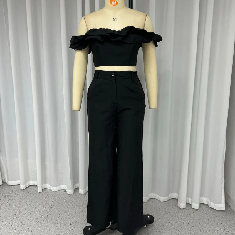 vmtvr y2k outfits 2024 Summer New Women's Clothing Solid Color off-the-Neck Navel Top Sweet and Spicy Style Two-Piece Set