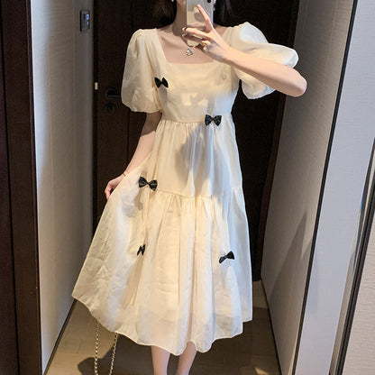 --Summer French dress first love dress retro gentle style square neck puff sleeve white dress female spring student