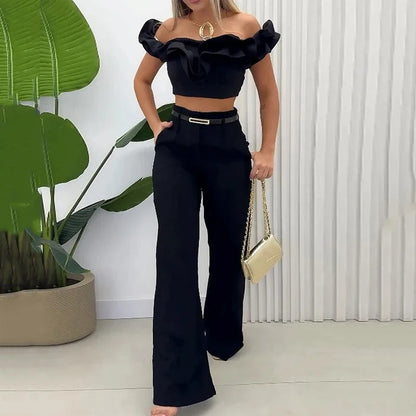 vmtvr y2k outfits 2024 Summer New Women's Clothing Solid Color off-the-Neck Navel Top Sweet and Spicy Style Two-Piece Set