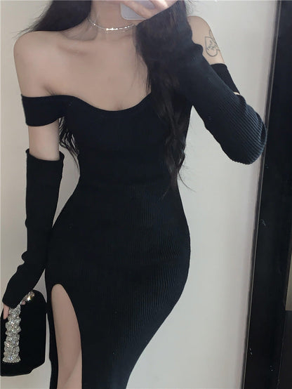 vmtvr dress to impress outfits Knitted Dress Women's Black off-Shoulder Oversleeve Bottoming Midi Dress Summer New Elegant Skirt