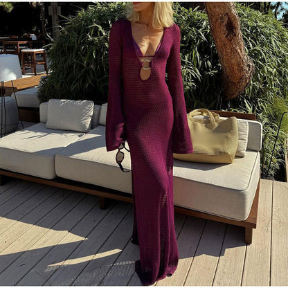 VMTVR 2025 V-neck hook and loop hollow split bohemian long dress popular  New horn sleeve women's beach dress