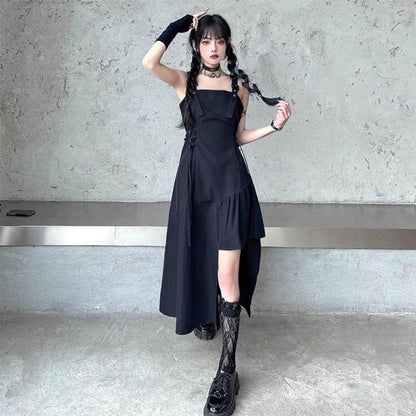 vmtvr cybergoth dress to impress Sweet Cool Style Small Strap Small Black Dress New Dark Irregular Strap Dress Women