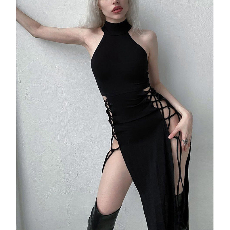 vmtvr cybergoth dress to impress Slim-Fit Slimming Hot Girl Hip Strap Dress Sexy Halter Hollow-out Double Slit Dress