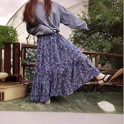 vmtvr teacher outfits Spring and Summer High Waist Large Swing Skirt Loose Slimming Retro A- line Skirt Floral Pleated Skirt