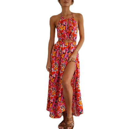 vmtvr rainforest dress to impress Summer Women's Halter Red Printed Sexy Backless Waist-Tight Large Swing Beach Dress