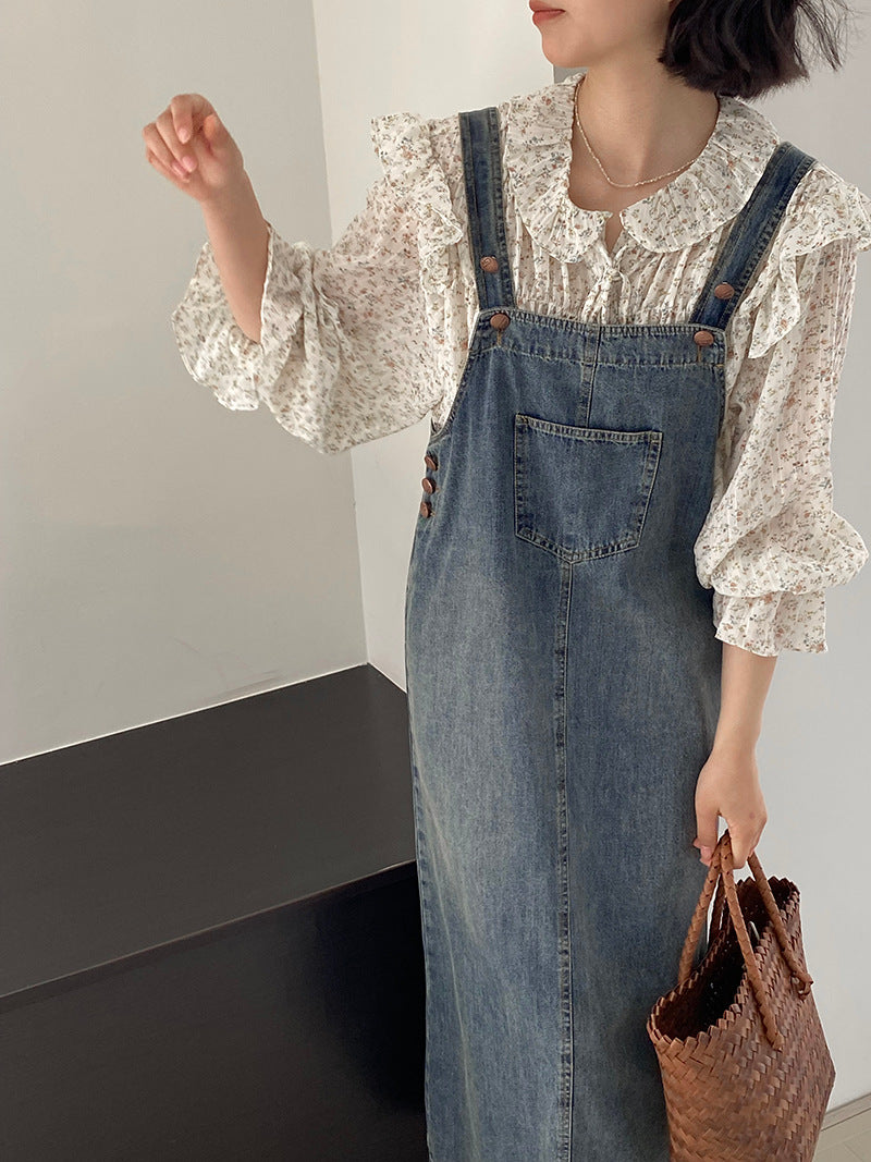 -- Age-reducing College Style Denim Overalls Skirt Women Adjustable Retro Blue Dress 6001