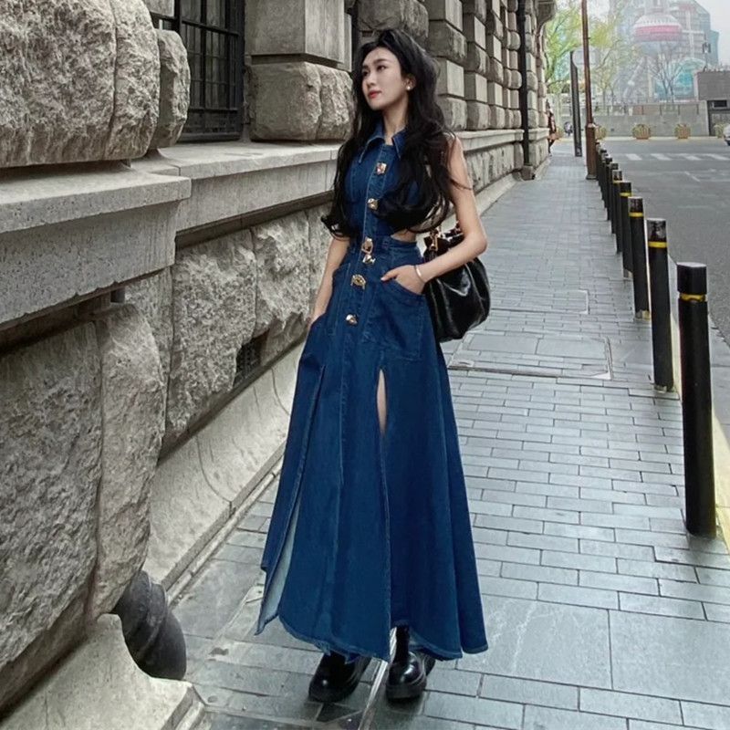 vmtvr frat boy outfits American Hot Girl Hollow-out Waist Denim Dress Women's Summer New Retro Temperament Sleeveless Split Dress