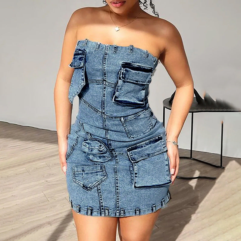 vmtvr 2000s dti Personalized Street Denim Hip Skirt  Spring New Solid Color Stitching Multi-Pocket Tube Top High Waist Dress Women