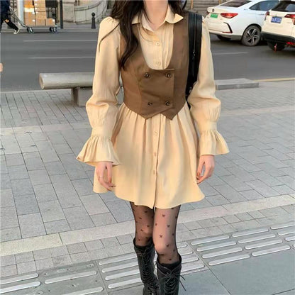 vmtvr mcbling dress to impress Gentle Style Long-Sleeved Shirt Dress Suit Women's Autumn Western Style Stacked Vest Waist-Tight Short Skirt