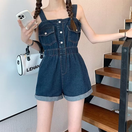 vmtvr going out outfits 2024 Summer New Workwear Suspender Jeans Women's Small Tight Waist Fashion Wide Leg Curling One-Piece Shorts