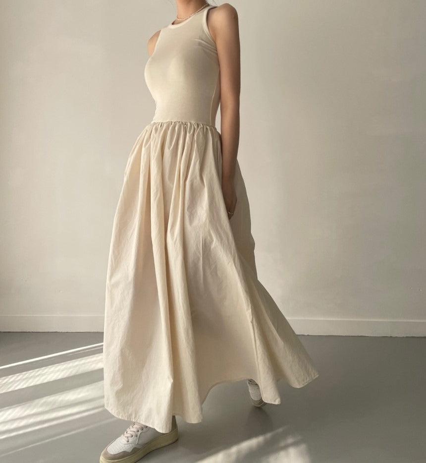 vmtvr - Elegant Round Neck Waist Slim Pleated Long Dress