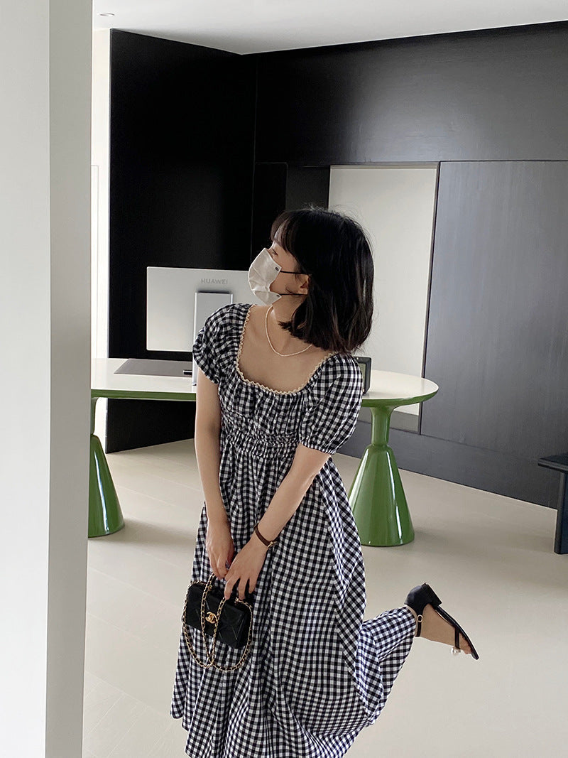 - You look really good today Waisted plaid slim dress female lace splicing short-sleeved long dress 6037