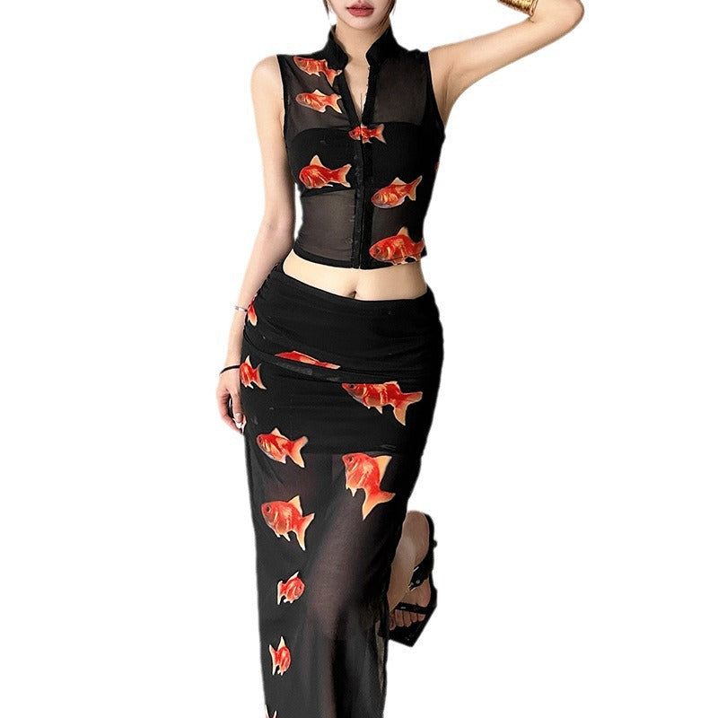 vmtvr koi fish dress to impress Style 2024 Summer New Women's Sleeveless Slim Vest Printed Mesh Skirt Sheath Dress Suit