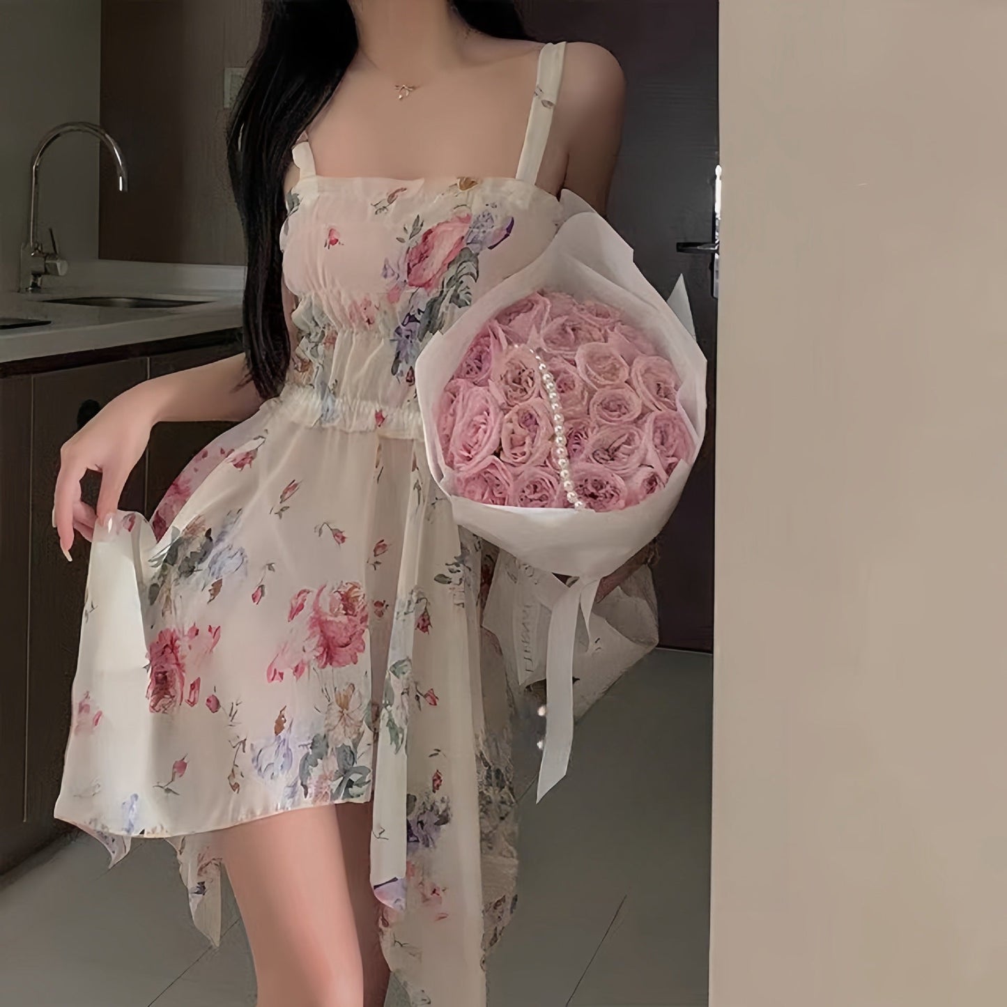 vmtvr cherry blossom dress to impress Butterfly Miaosi Silk Hair French Flower Dress Chiffon Strap Pajamas Pure Desire Temptation Nightdress Sexy Niche