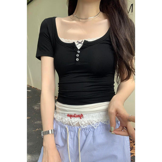 vmtvr dream clothes Fake Two-Piece Small Lace Button Shoulder Short-Sleeved T-shirt Women's Summer Slim-Fit Sweet and Spicy Top