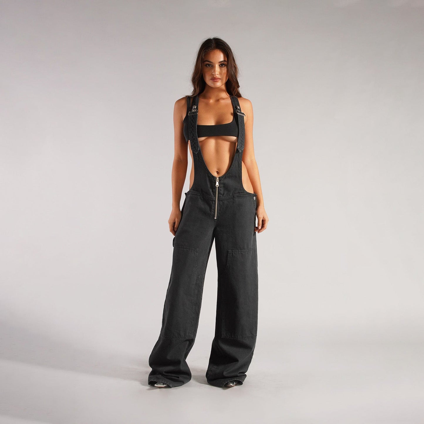 vmtvr summer outfits inspo Street Style Low Waist Suspender One-Piece Wide Leg Jeans Summer New Personalized Hot Girl Distressed Straight Trousers