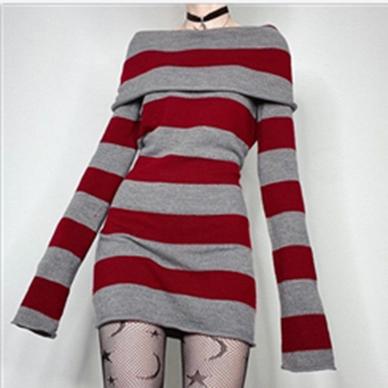 vmtvr grunge dti New Striped Lapel off-Shoulder Slim Long Knitted Sweater Dress 905