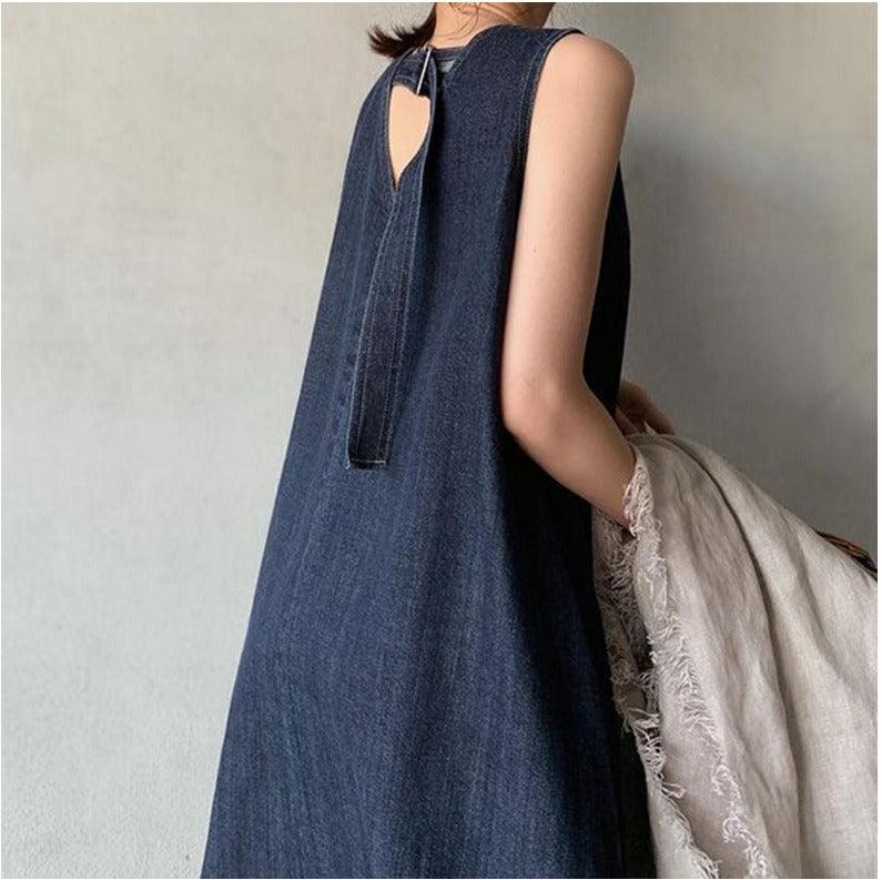 vmtvr - Literary Denim Tie Back V-Neck Long Dress