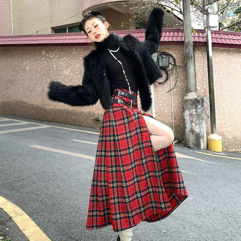 vmtvr 2000s fashion Retro Street Red Plaid Skirt Women's Spring and Summer New High Waist Straight Slimming Mid-Length Split Skirt Chic