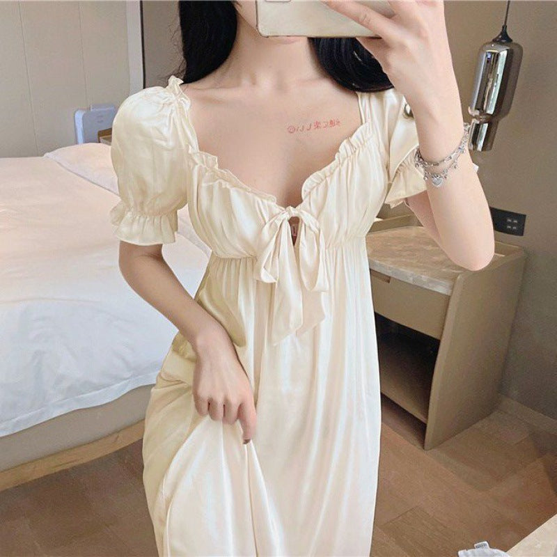 vmtvr fashion outfits Nightdress Women's Summer Ice Silk Short Sleeve 2024 New French Court Princess Style Fairy Long Pajamas Home Wear