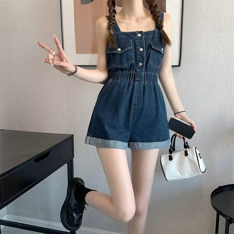 vmtvr going out outfits 2024 Summer New Workwear Suspender Jeans Women's Small Tight Waist Fashion Wide Leg Curling One-Piece Shorts