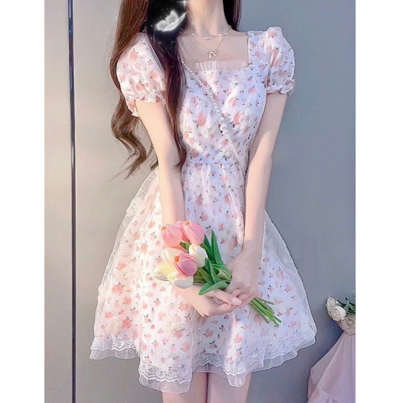 vmtvr harajuku dress to impress French Milk Sweet Floral Princess Dress Waist-Tight Chic First Love Gentle Style Puff Sleeve Fluffy Dress Summer