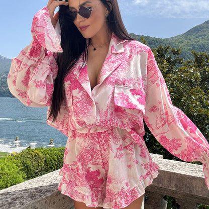 vmtvr 90s fashion Summer 2024 Suit Fashion Printed Bell Sleeve Shirt Top Shorts Ruffled Two-Piece Set