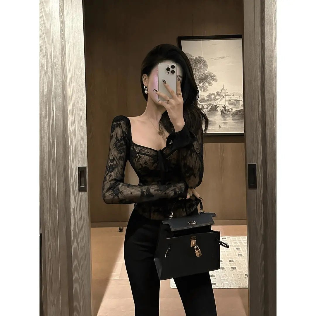 vmtvr avant garde dress to impress French Style Retro Square Collar Long-Sleeved Lace Shirt Women's Early Autumn Slim-Fit Slimming Hot Girl Top