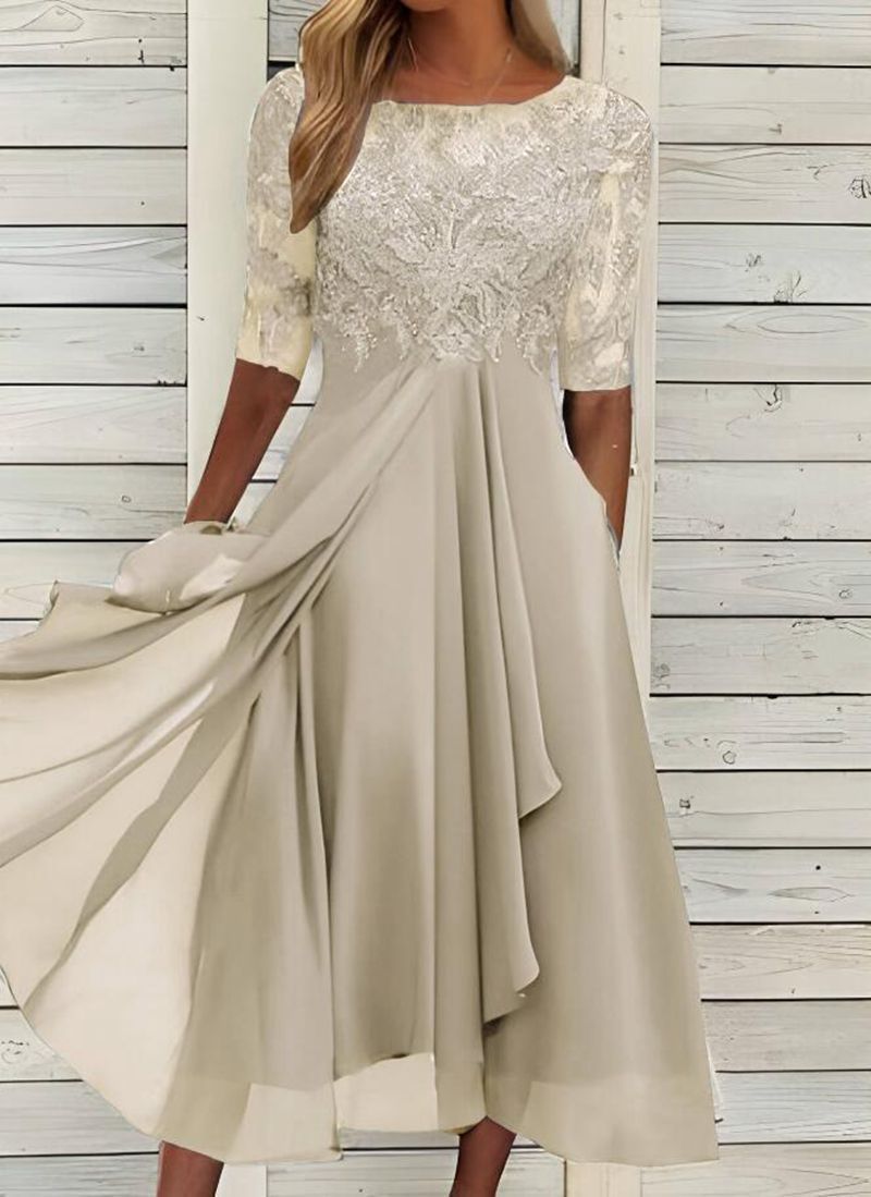 vmtvr - Round Neck Lace Swing Elegant Occasion Formal Midi Prom Dress