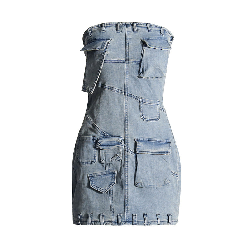 vmtvr 2000s dti Personalized Street Denim Hip Skirt  Spring New Solid Color Stitching Multi-Pocket Tube Top High Waist Dress Women