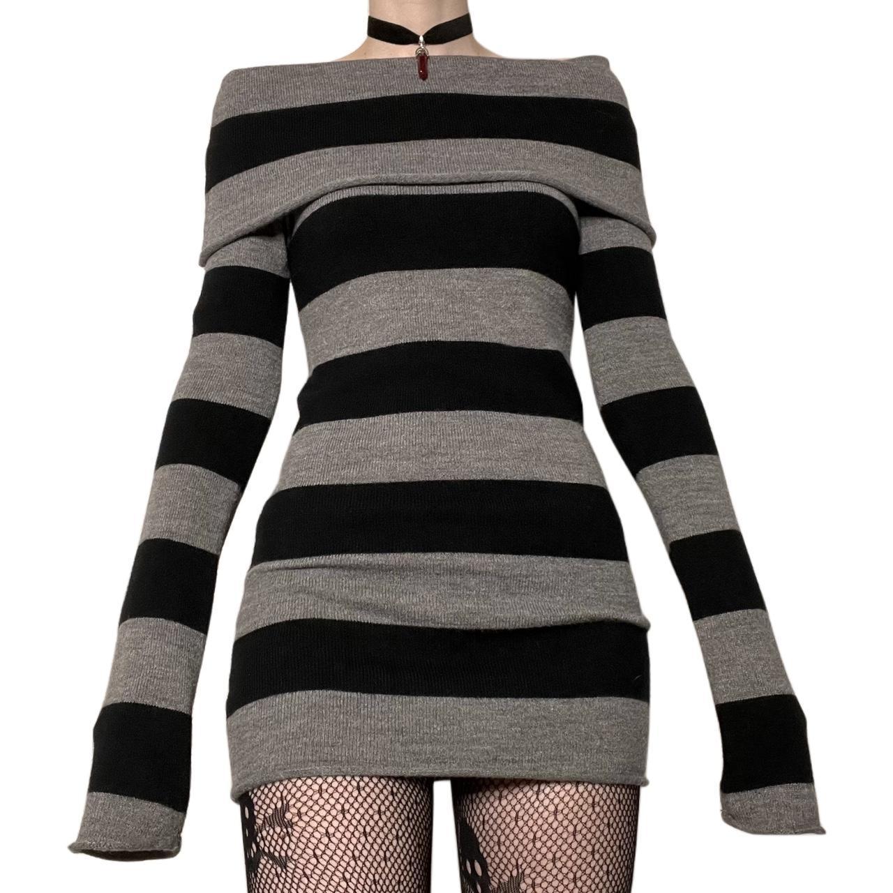 vmtvr grunge dti New Striped Lapel off-Shoulder Slim Long Knitted Sweater Dress 905