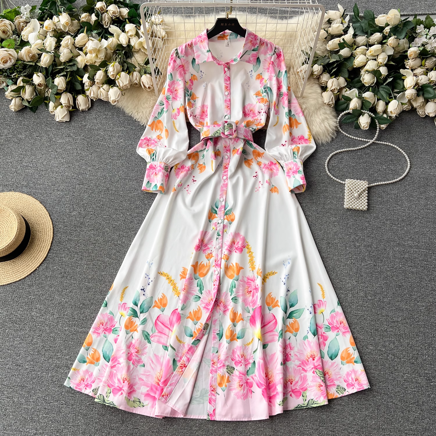 vmtvr- Lantern long-sleeved lapel single-breasted fashion print tie-waist elegant dress GEU423