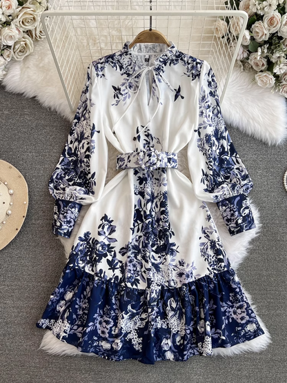 - Long sleeve stand collar a line printed dress GEU1013