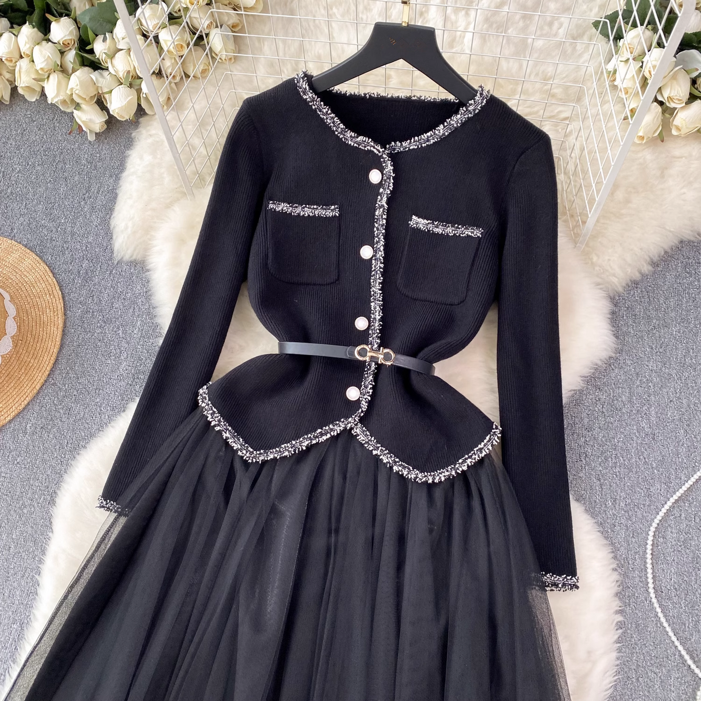 - Knitted cardigan versatile suspender dress two-piece suit GEU627