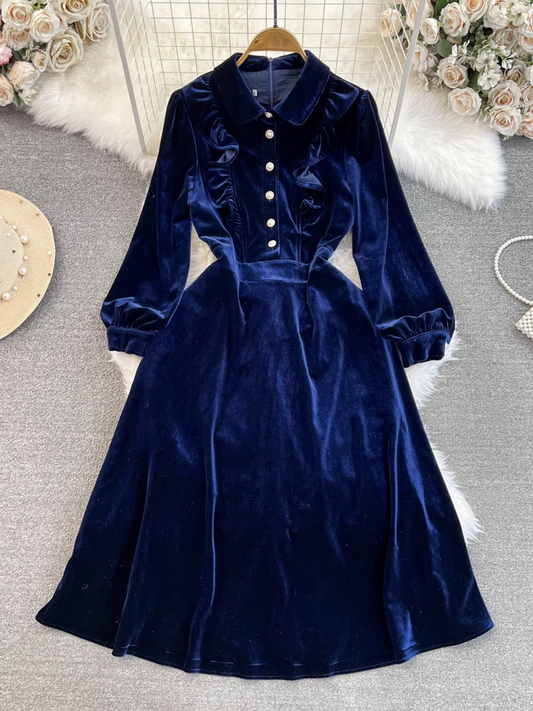 - Long sleeve lapel a-line velvet dress GEU990