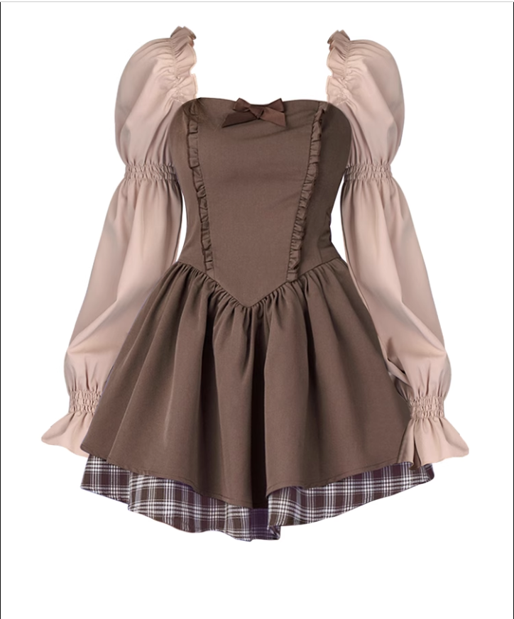 - Brown puff long sleeve dress plaid patchwork princess dress GEU833