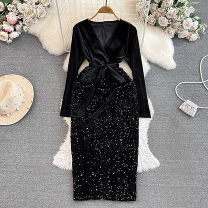 - Long-sleeved V-neck waist slimming mid-length velvet spliced sequin dress GEU828