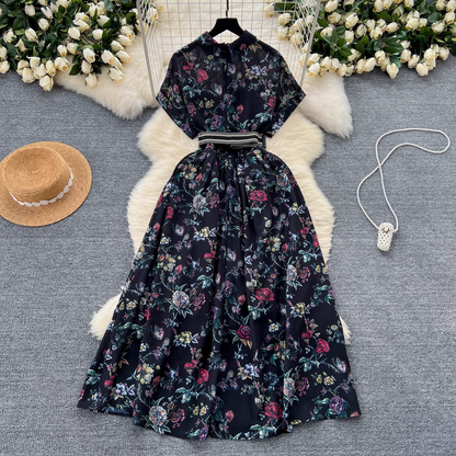 - Short sleeve printed vintage chiffon dress  GEU1093