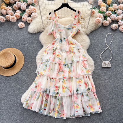 - Women's suspender floral dress summer chiffon dress  GEU506