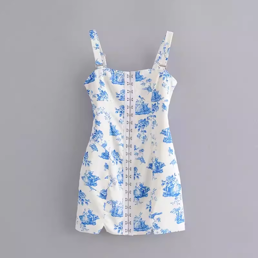 - Retro printed blue and white porcelain hook buckle detachable suspender dress GEU1369