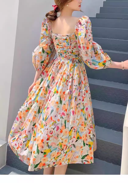 - Retro Chic Floral Puff Sleeve Dress for Women Summer  GEU1133