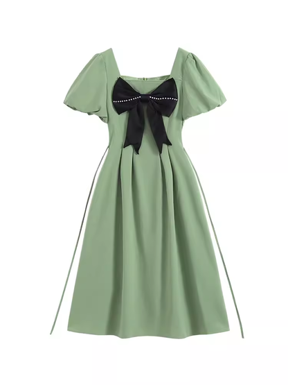 - Green square neck bow dress GEU1553