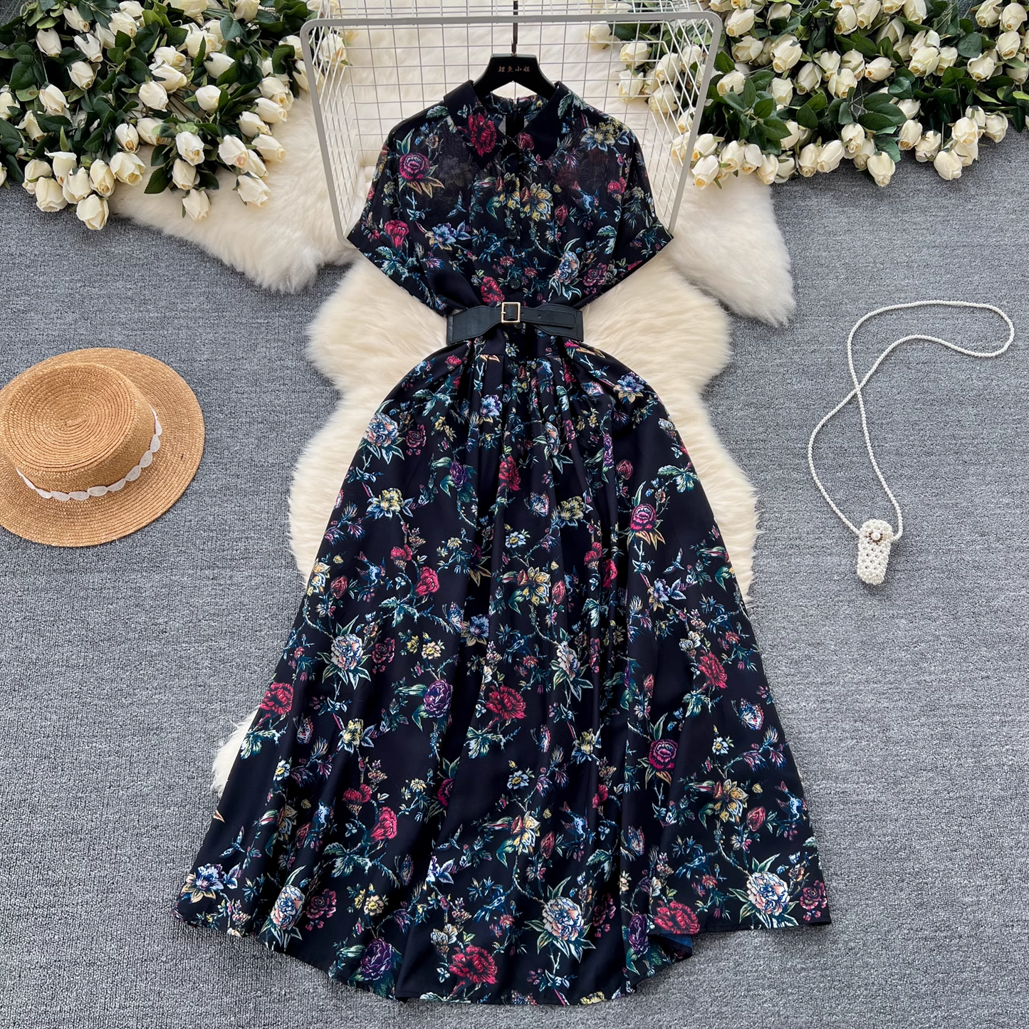 - Short sleeve printed vintage chiffon dress  GEU1093