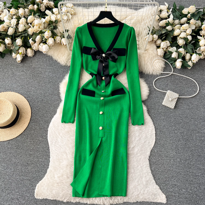 vmtvr- Knitted dress women's autumn and winter bow single-breasted design maxi dress  GEU508