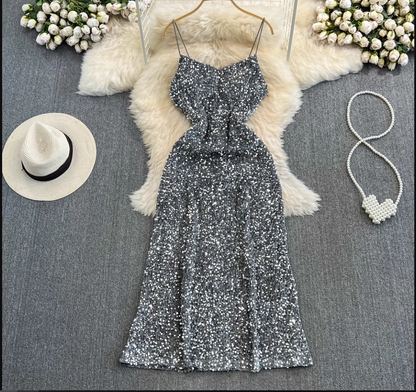 - Sleeveless mid-length a-line sparkling sequin suspender dress GEU840