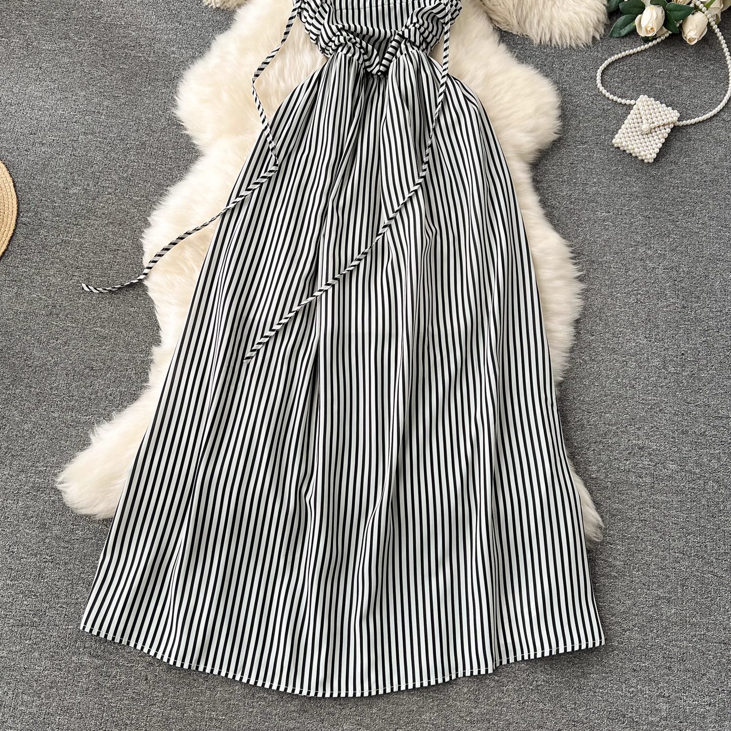 - women's long striped suspender dress GEU1196