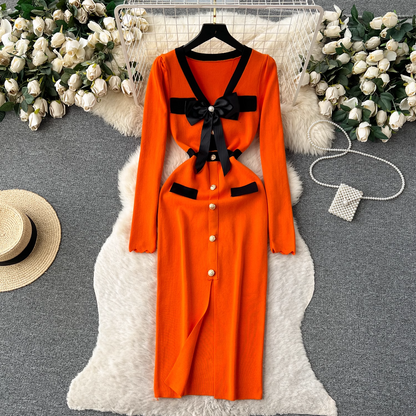 vmtvr- Knitted dress women's autumn and winter bow single-breasted design maxi dress  GEU508