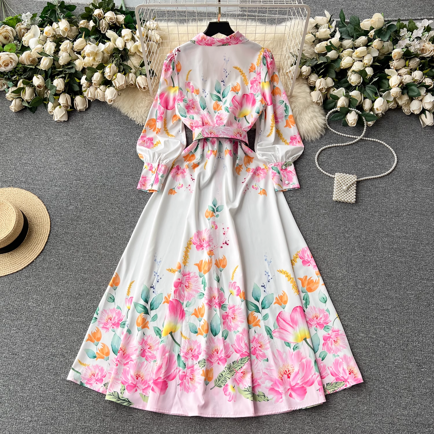 vmtvr- Lantern long-sleeved lapel single-breasted fashion print tie-waist elegant dress GEU423