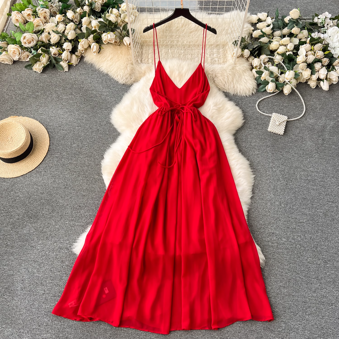 - Red V-neck suspender chiffon long dress  GEU1197