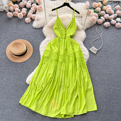 vmtvr- Holiday style pleated V-neck suspender dress for women GEU438